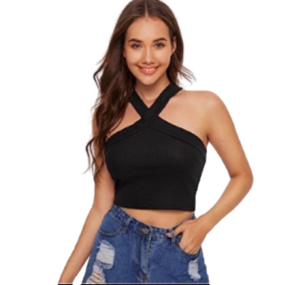 Criss Cross Crop Top Sleeveless Rib Knit Halter Neck Black Womens Size M